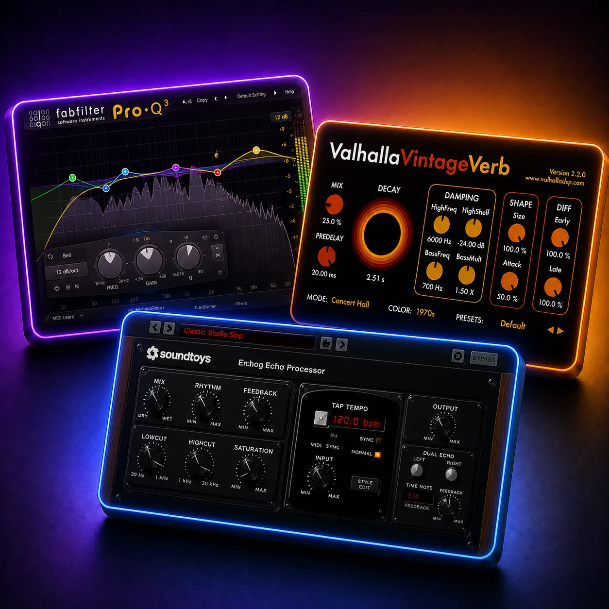 Audio effects VST plugins — FabFilter Pro-Q3, Valhalla VintageVerb reverb and Soundtoys EchoBoy delay