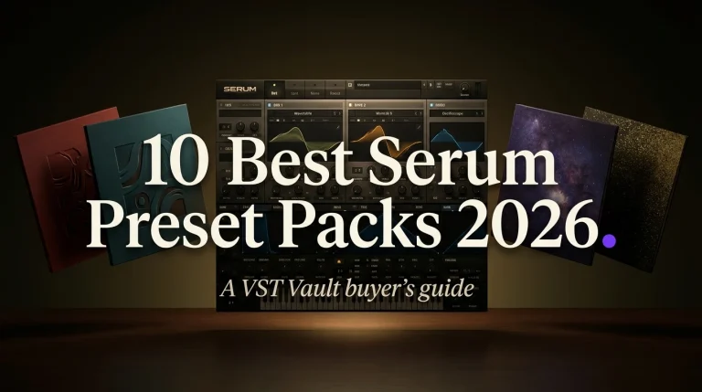 Best Serum preset packs 2026 — editorial hero with Xfer Serum interface and album sleeves