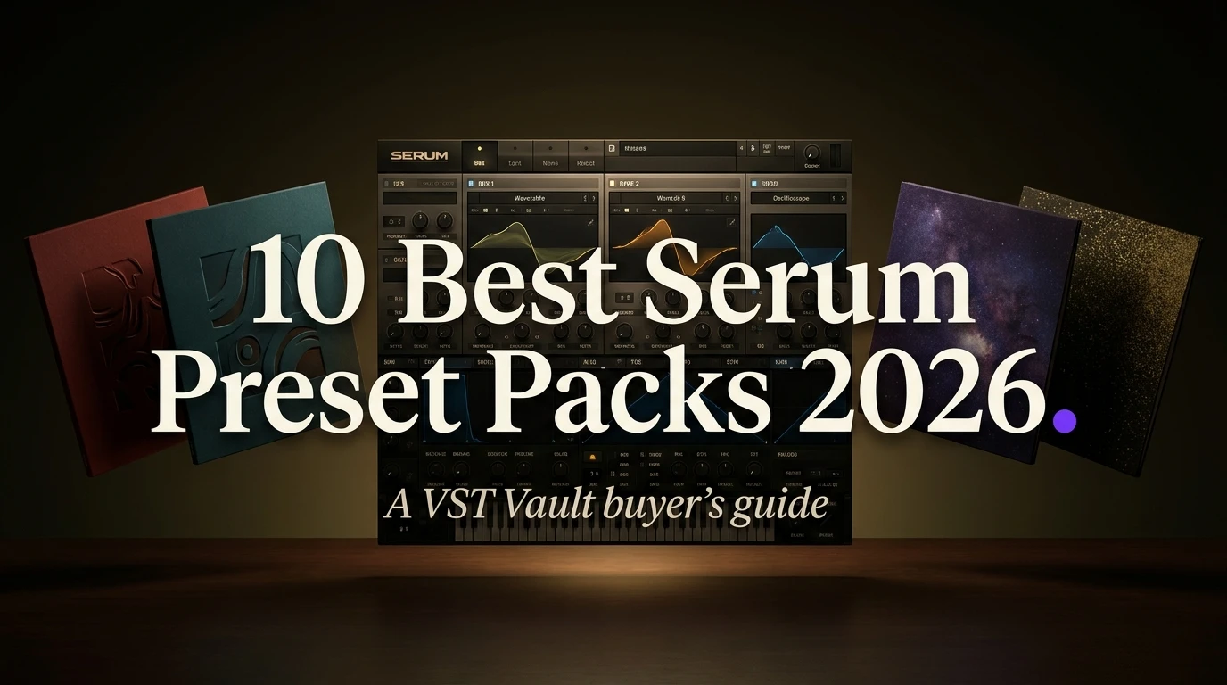 Best Serum preset packs 2026 — editorial hero with Xfer Serum interface and album sleeves