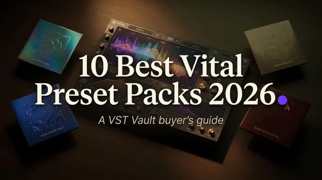 Best Vital preset packs 2026 — Vital synth spectral interface with hyperpop, DnB, lofi and dubstep sleeves