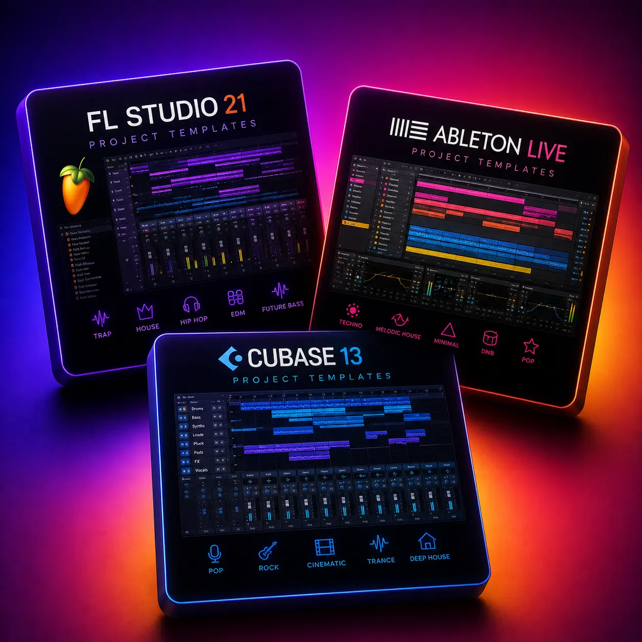 DAW project templates for music producers — FL Studio 21, Ableton Live and Cubase 13 template covers