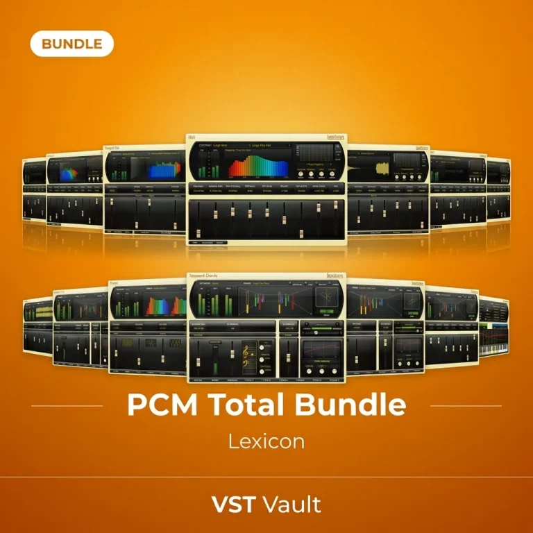 Lexicon PCM Total Bundle product cover with seven legendary Lexicon reverb algorithms — Hall, Plate, Chamber, Room