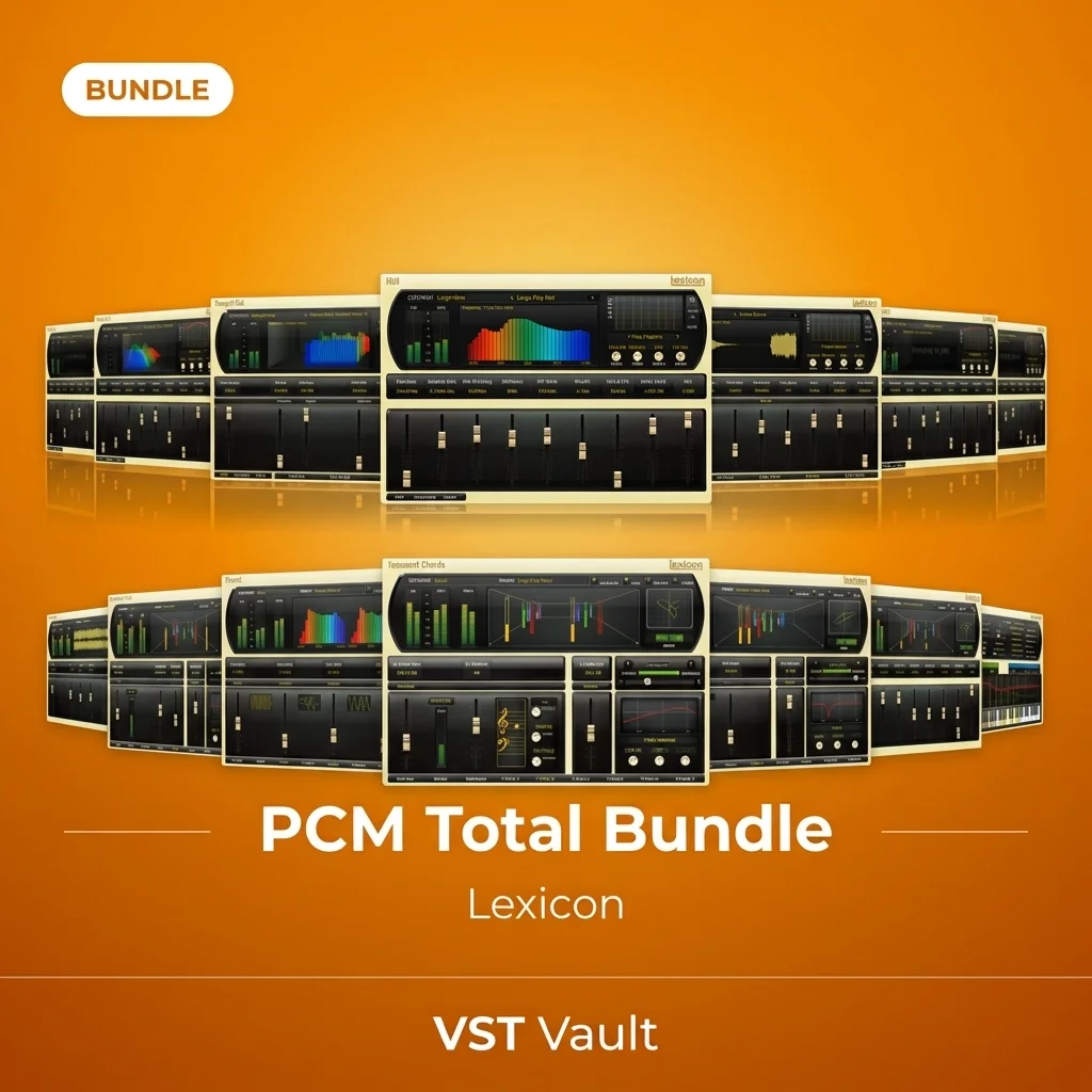 Lexicon PCM Total Bundle – Free Reverb VST Lexicon PCM Total Bundle product cover with seven legendary Lexicon reverb algorithms — Hall, Plate, Chamber, Room