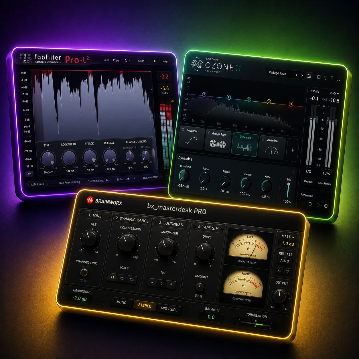 Mastering plugins for music producers — FabFilter Pro-L limiter, iZotope Ozone 11 and Brainworx bx_masterdesk Pro