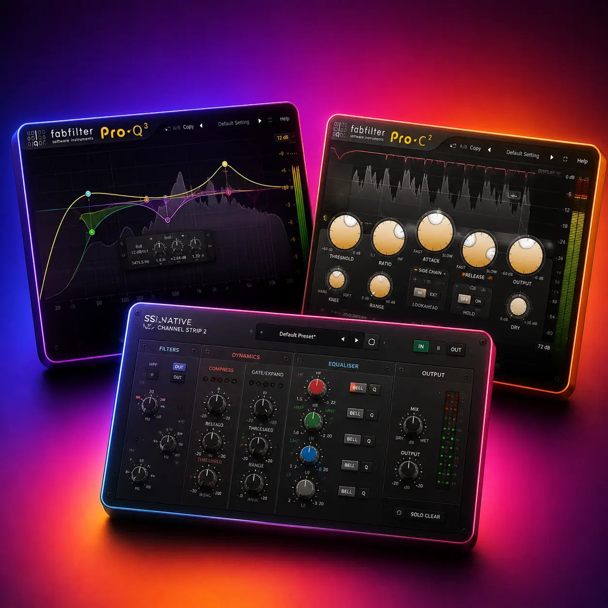 Mix and master VST plugins — FabFilter Pro-Q3 EQ, Pro-C2 compressor and SSL Native Channel Strip 2