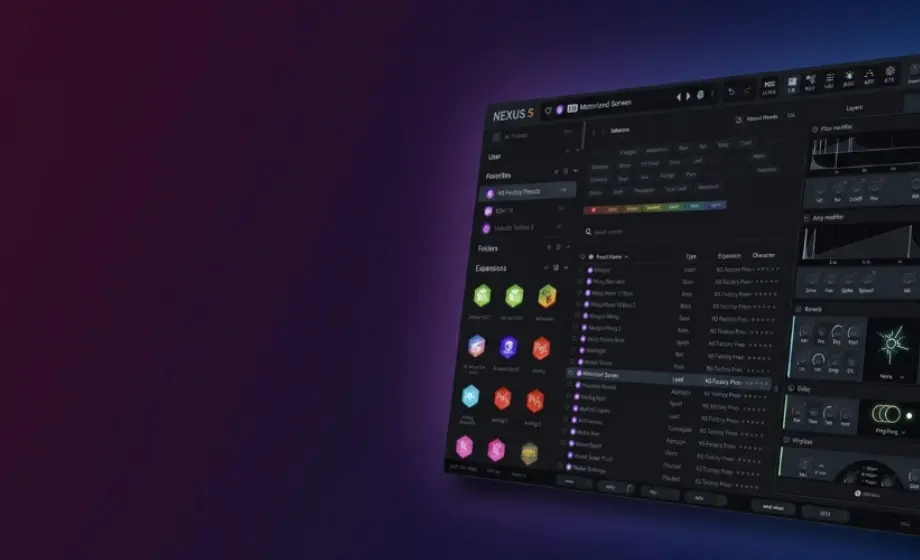 reFX Nexus 5 rompler interface showing the Motorized Screen preset with expansions browser