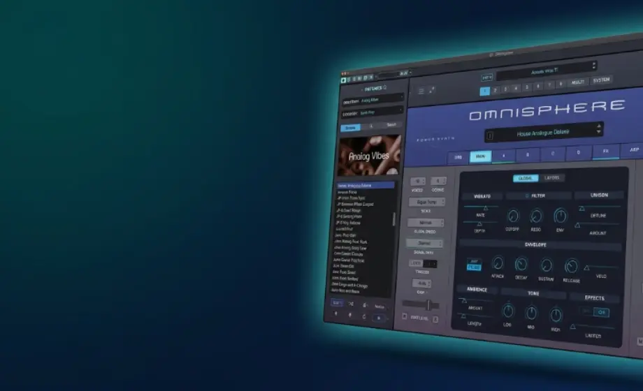 Spectrasonics Omnisphere power synth interface showing the Analog Vibes preset and modulation panel