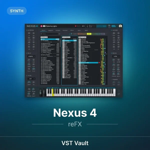 reFX Nexus 4 ROM synthesiser VST plugin interface with preset browser and category controls