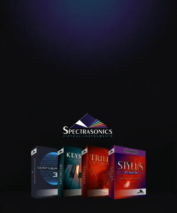 Spectrasonics bundle box art featuring Omnisphere 3, Keyscape, Trilian and Stylus RMX Xpanded