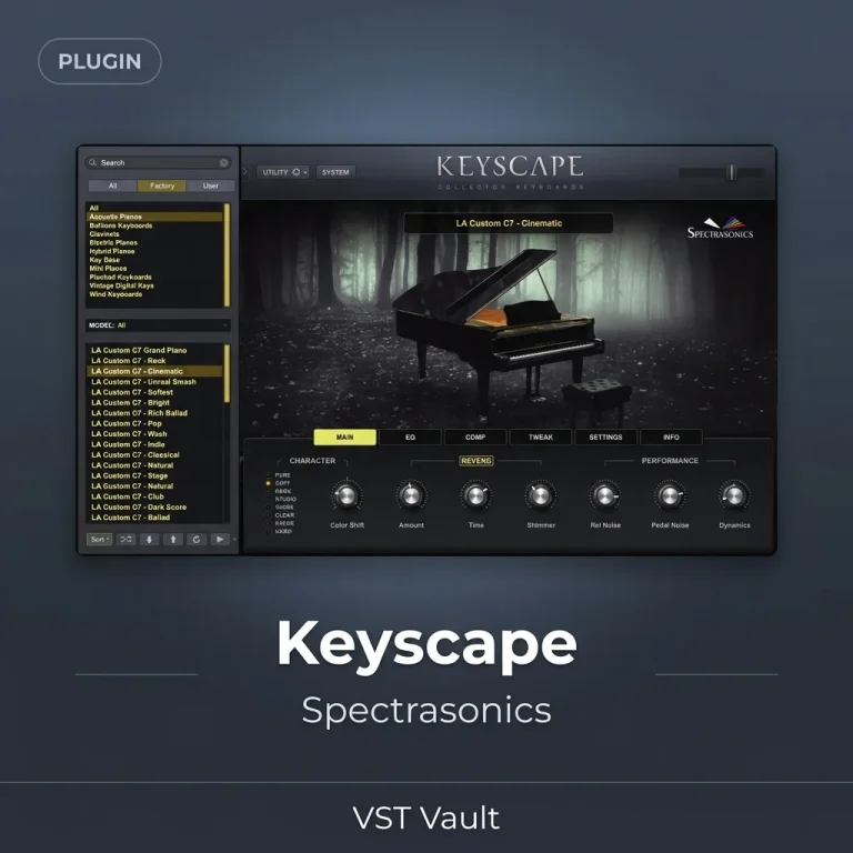 Spectrasonics Keyscape collector keyboards VST interface with grand piano model and patch browser