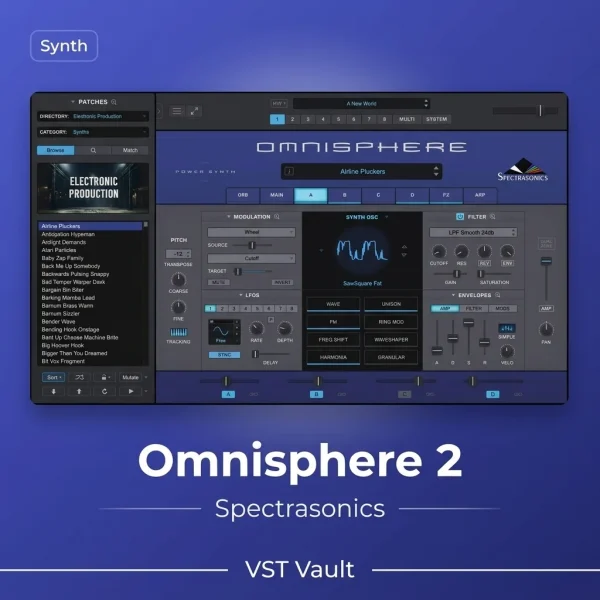 Spectrasonics Omnisphere 2 power synth VST plugin interface with patch browser and globe display