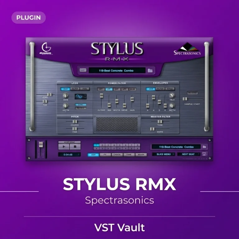Spectrasonics Stylus RMX realtime groove module VST plugin interface with groove browser and edit controls