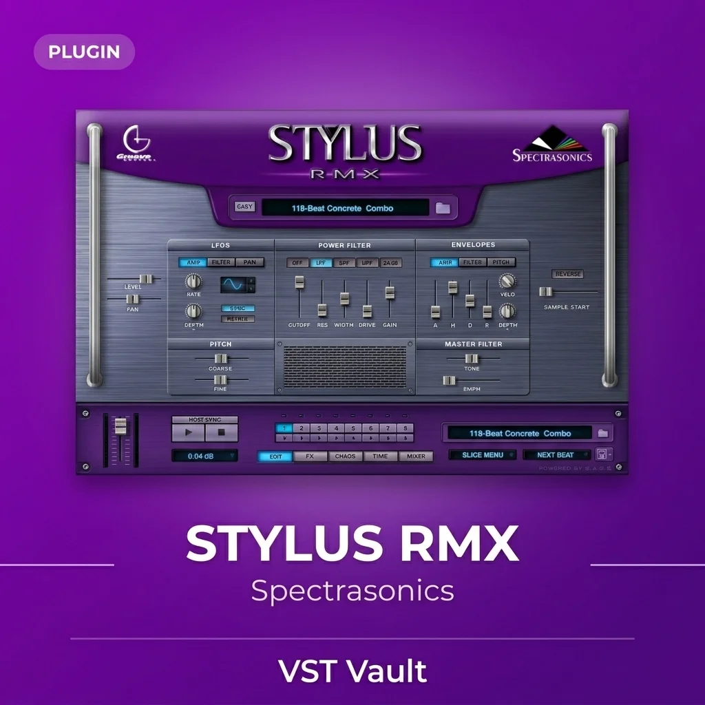 Spectrasonics Stylus RMX – Realtime Groove Module VST Spectrasonics Stylus RMX realtime groove module VST plugin interface with groove browser and edit controls