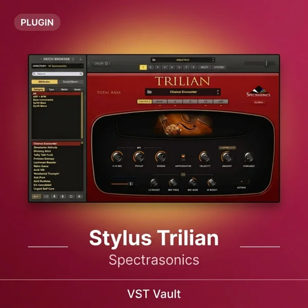 Spectrasonics Trilian total bass module VST plugin interface with patch browser and EQ controls