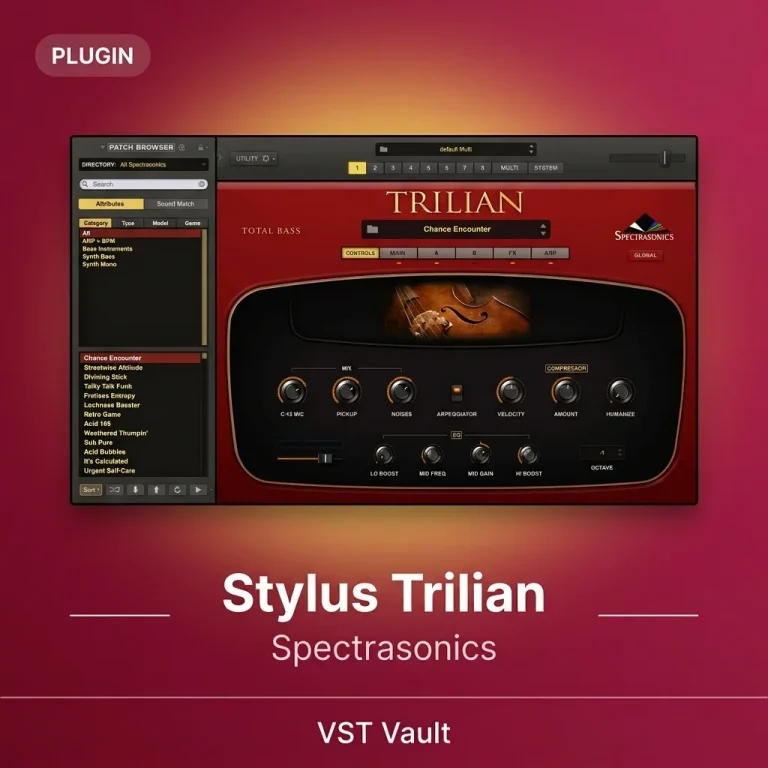 Spectrasonics Trilian total bass module VST plugin interface with patch browser and EQ controls