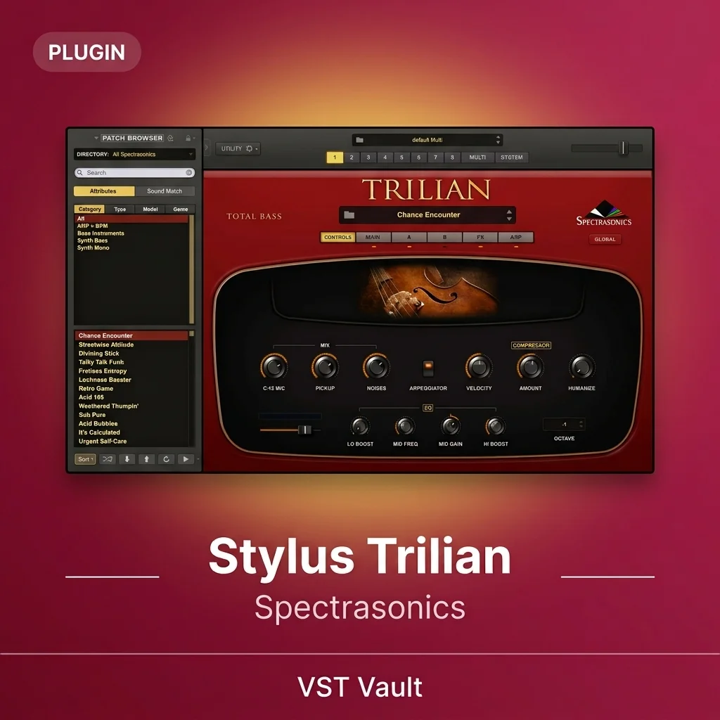 Spectrasonics Trilian – Total Bass Module VST Spectrasonics Trilian total bass module VST plugin interface with patch browser and EQ controls