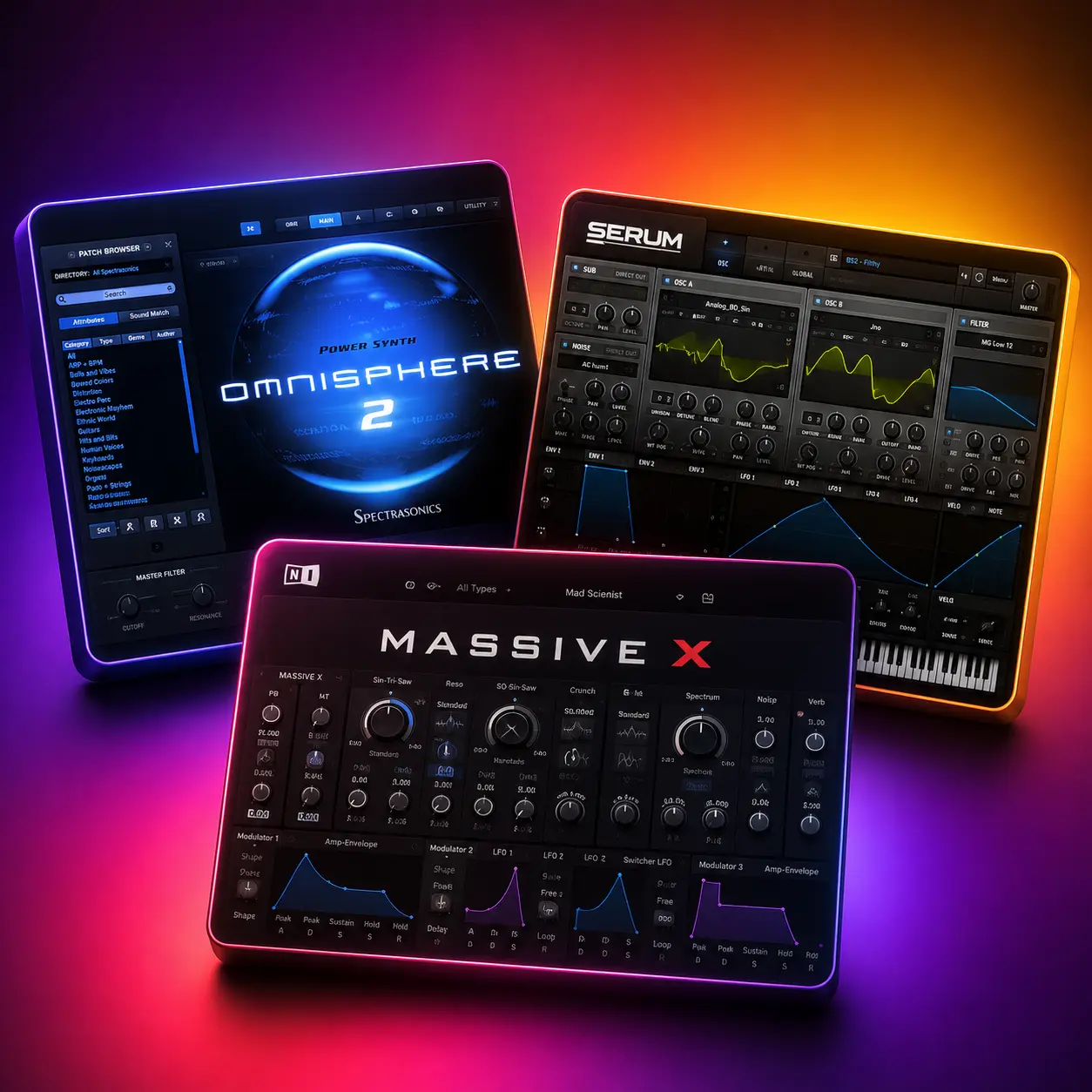 Synthesizer VST plugins — Spectrasonics Omnisphere 2, Xfer Serum and Native Instruments Massive X interfaces