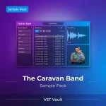 The Caravan Band free world-music sample pack product cover with acoustic instruments and global folk imagery