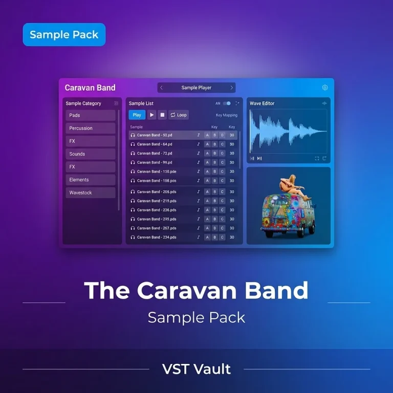 The Caravan Band free world-music sample pack product cover with acoustic instruments and global folk imagery
