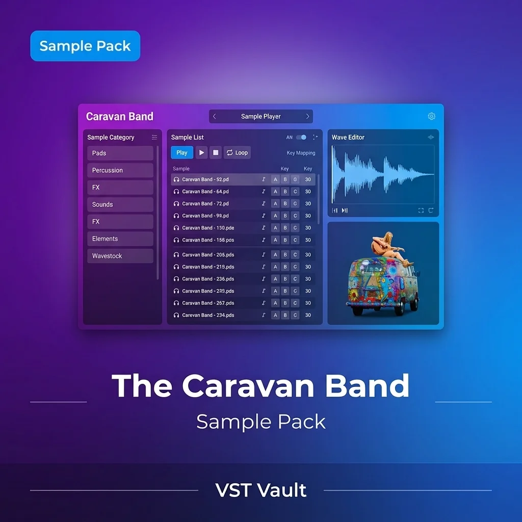 The Caravan Band – Free World Music Sample Pack The Caravan Band free world-music sample pack product cover with acoustic instruments and global folk imagery