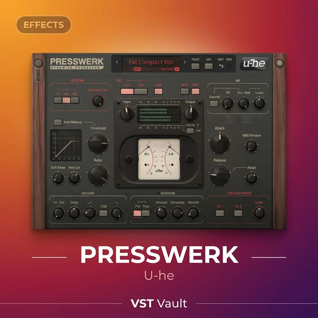 U-he Presswerk Free – Free Demo Compressor VST U-he Presswerk Free demo compressor VST plug-in interface with analogue-modelled VCA-style controls
