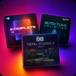 VST plugin bundles for music producers — Komplete 14 Ultimate, Auto-Tune Unlimited and UVI Total Studio 4 boxes