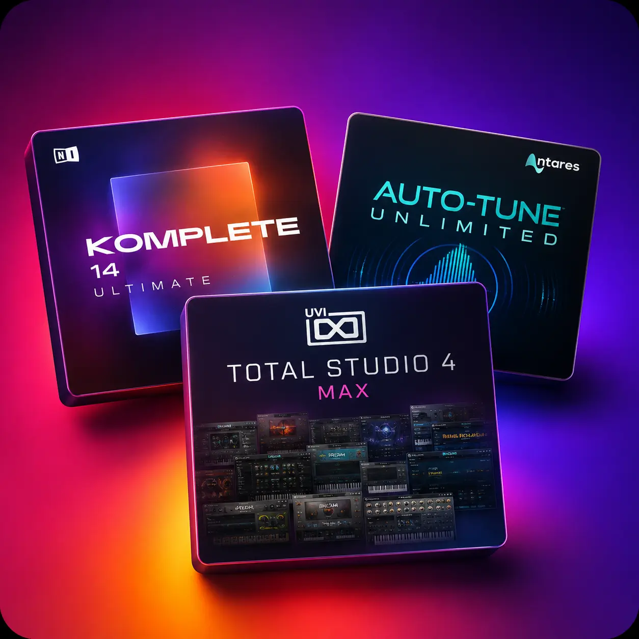 VST plugin bundles for music producers — Komplete 14 Ultimate, Auto-Tune Unlimited and UVI Total Studio 4 boxes