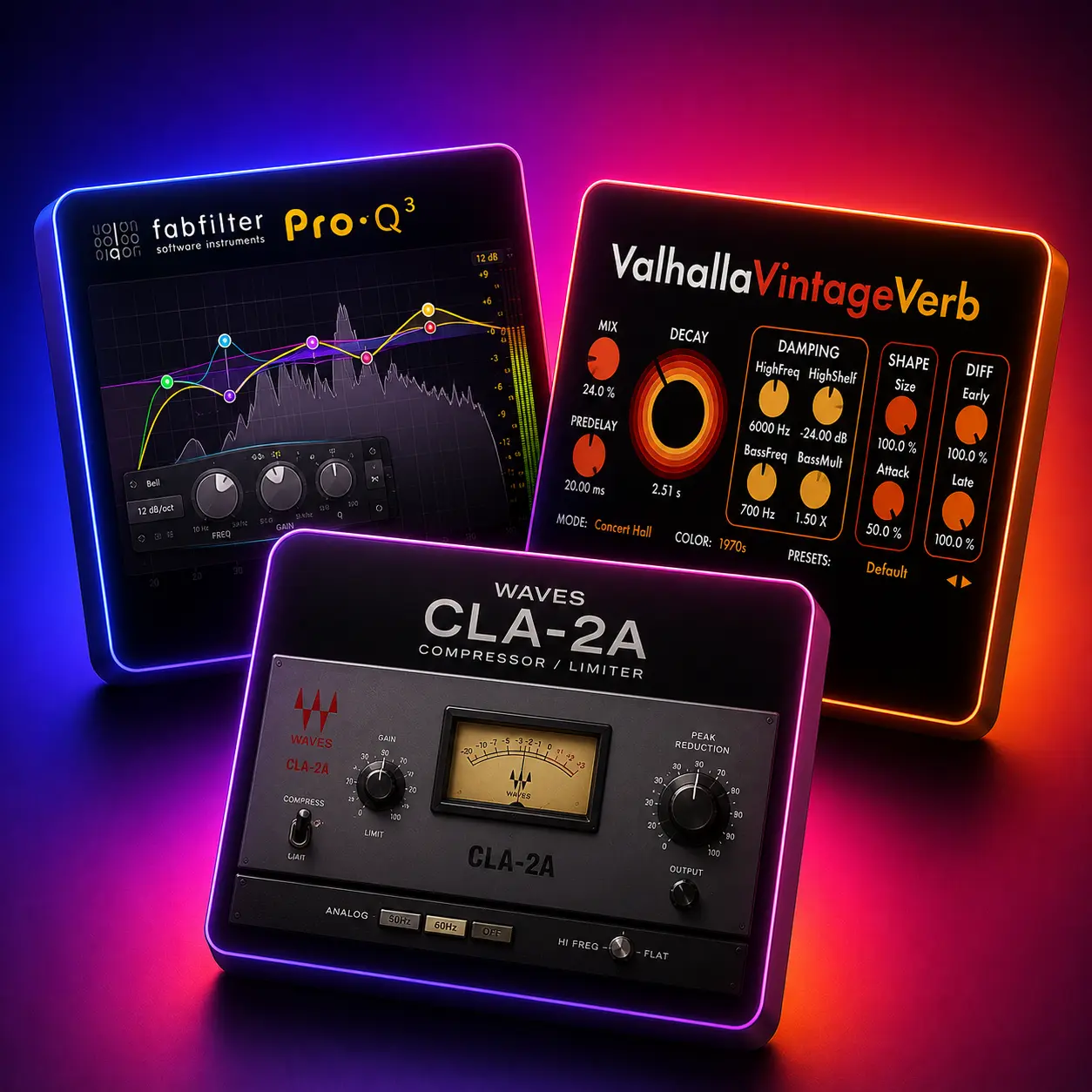 VST plugins for music production — FabFilter Pro-Q3 EQ, Valhalla VintageVerb and Waves CLA-2A compressor