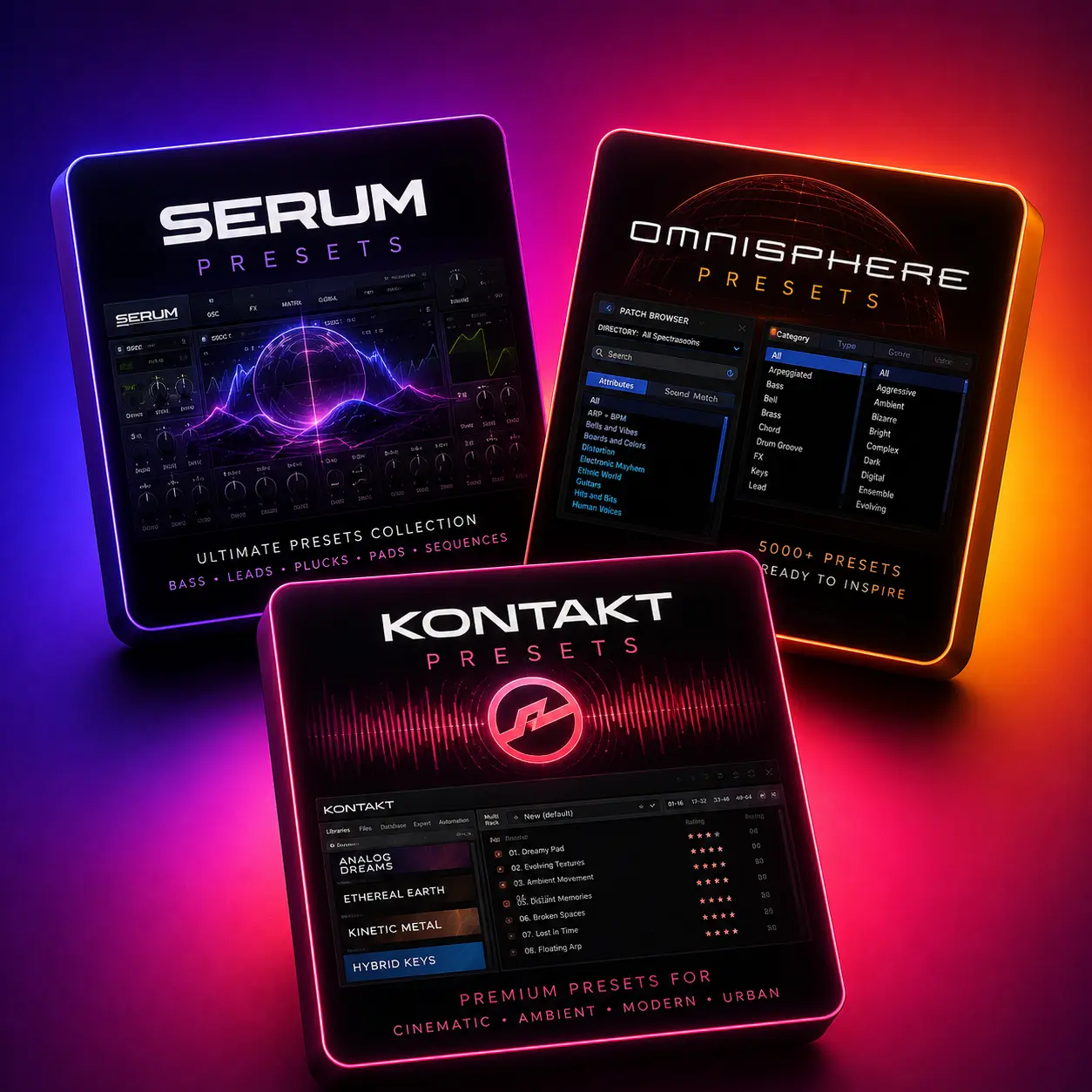 VST presets for music producers — Serum presets, Omnisphere presets and Kontakt presets pack covers
