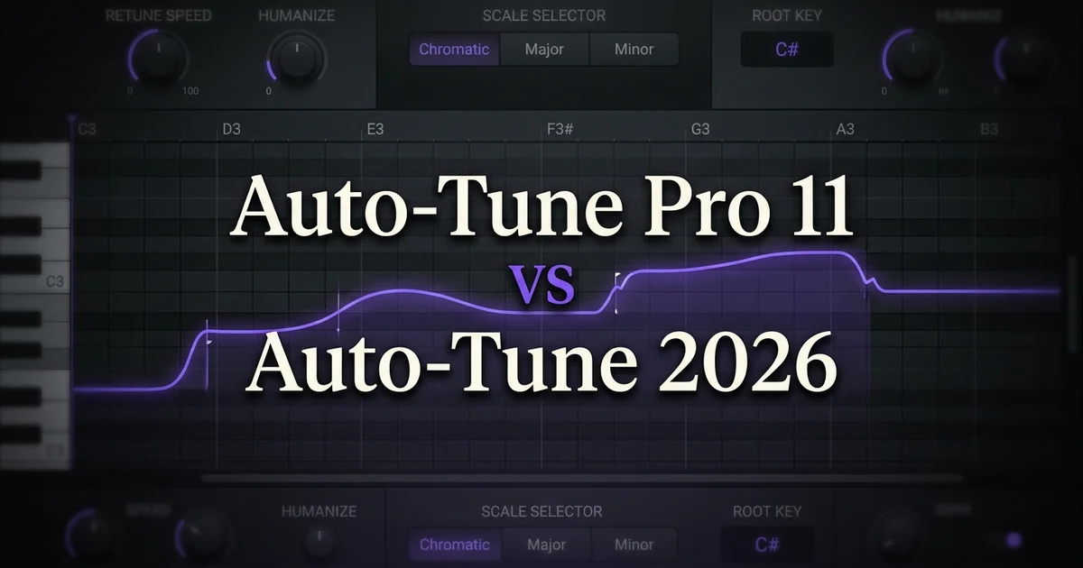 Auto-Tune Pro 11 vs Auto-Tune 2026 — dark pitch correction note grid with violet curve