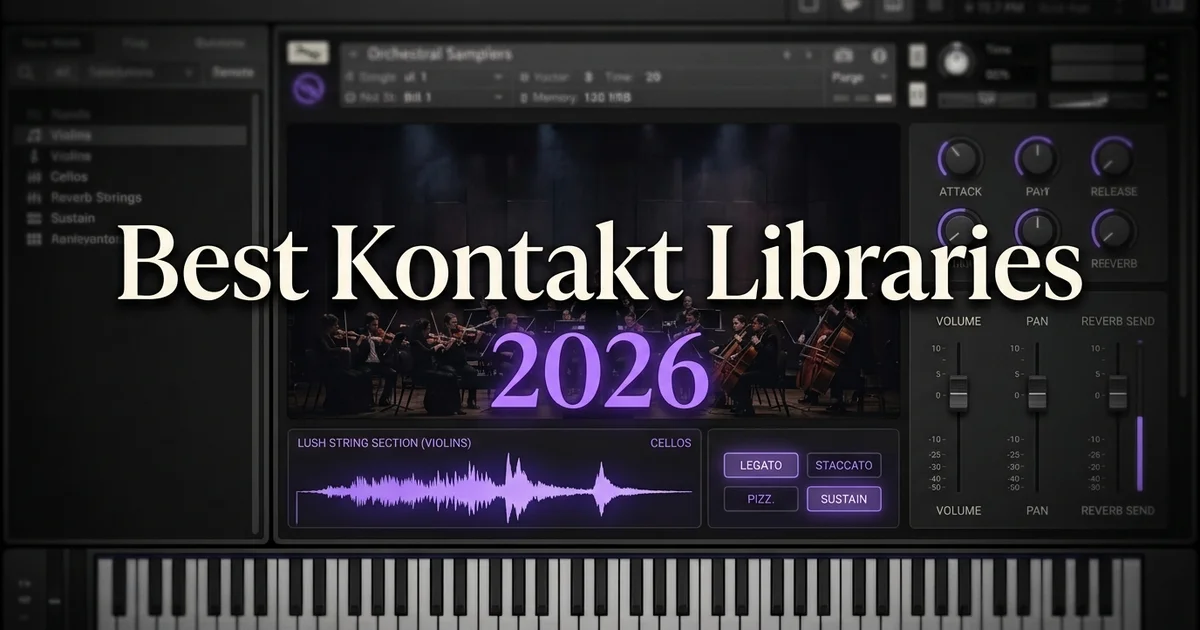Best Kontakt libraries 2026 — dark orchestral sampler interface with violet waveform