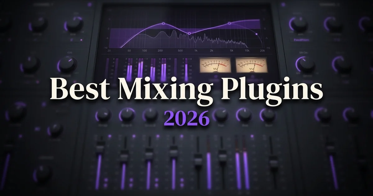 Best mixing plugins 2026 — dark EQ and compressor interface with violet spectrum curve