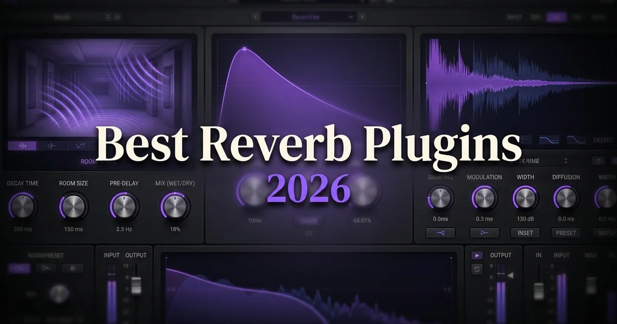 Best reverb plugins 2026 — dark reverb plugin interface with violet decay curves