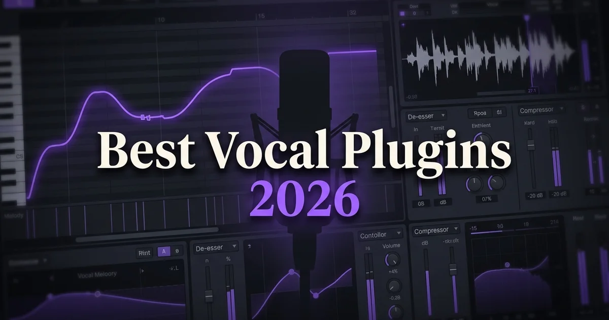 Best vocal plugins 2026 — dark pitch correction interface with violet vocal curve