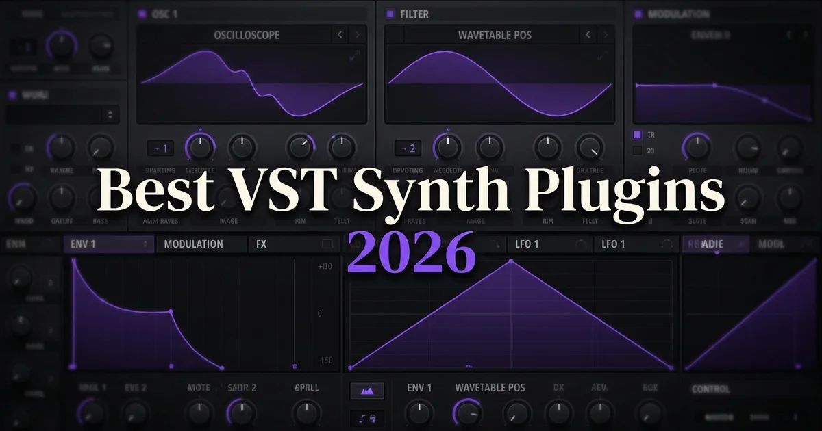Best VST synth plugins 2026 — dark wavetable synthesizer interface with violet glow