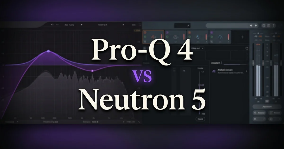 FabFilter Pro-Q 4 vs iZotope Neutron 5 — dark split EQ and mixing suite interface