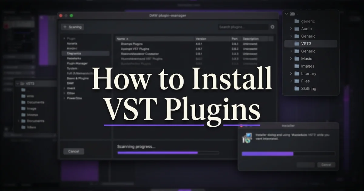 How to install VST plugins — dark plugin manager with violet scanning progress bar