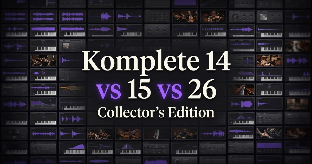 Komplete 14 vs 15 vs 26 Collector's Edition — dark mosaic of plugin interfaces