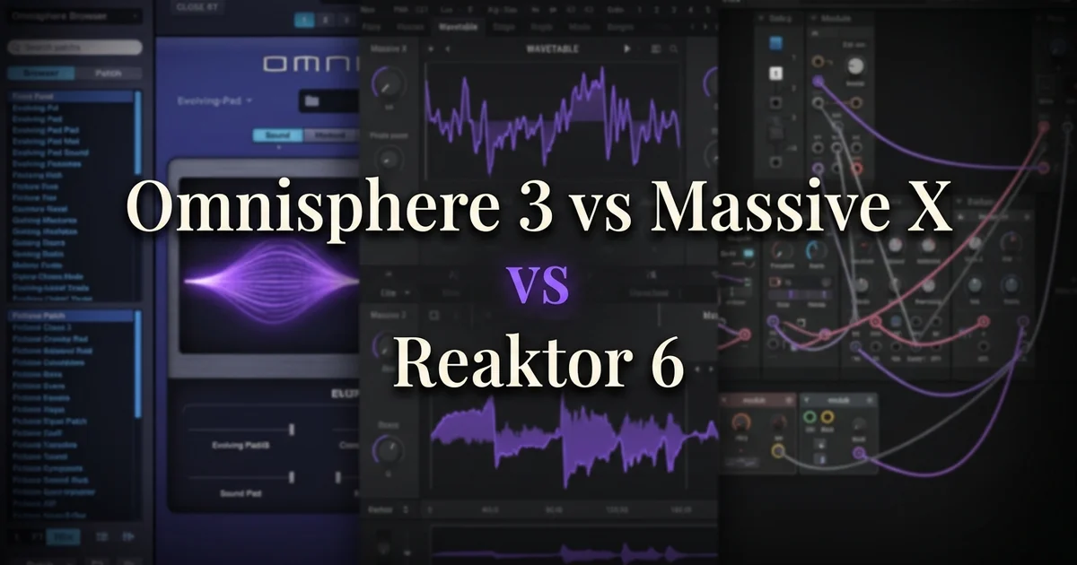 Omnisphere 3 vs Massive X vs Reaktor 6 — three dark flagship synth interfaces