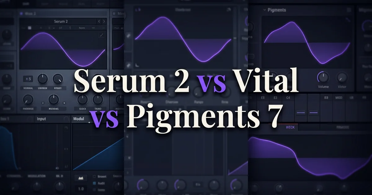 Serum 2 vs Vital vs Pigments — three dark wavetable synth interfaces with violet curves