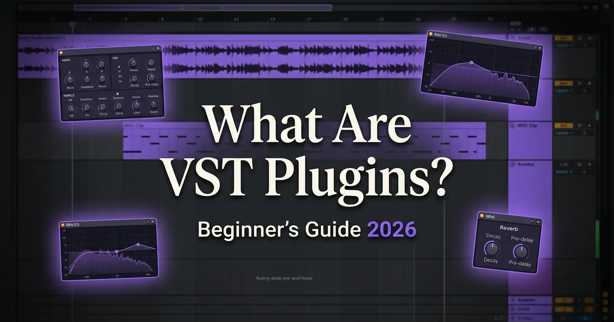 What are VST plugins — dark DAW screen with floating synth, EQ and reverb windows